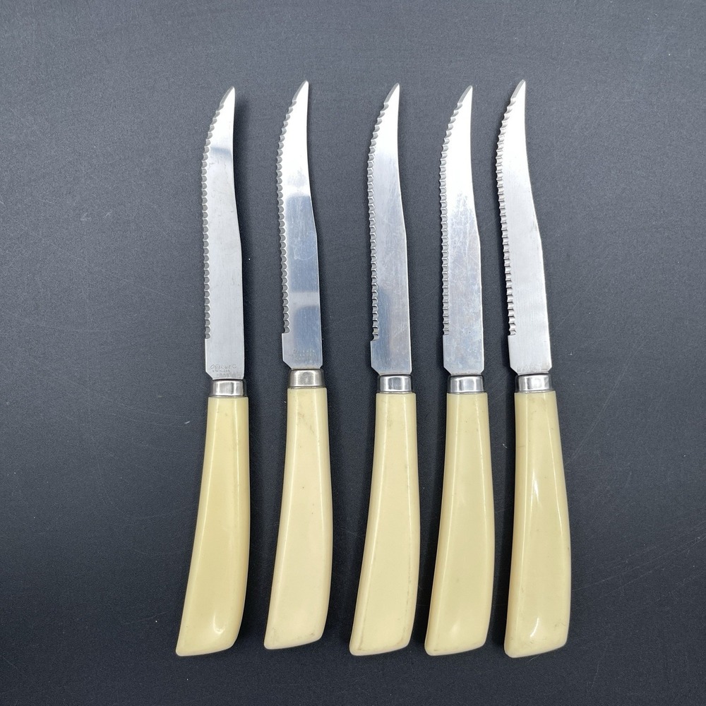 Quikut‎ Stainless Serrated Steak Knives Ivory Handles Lot 5 USA Vintage
